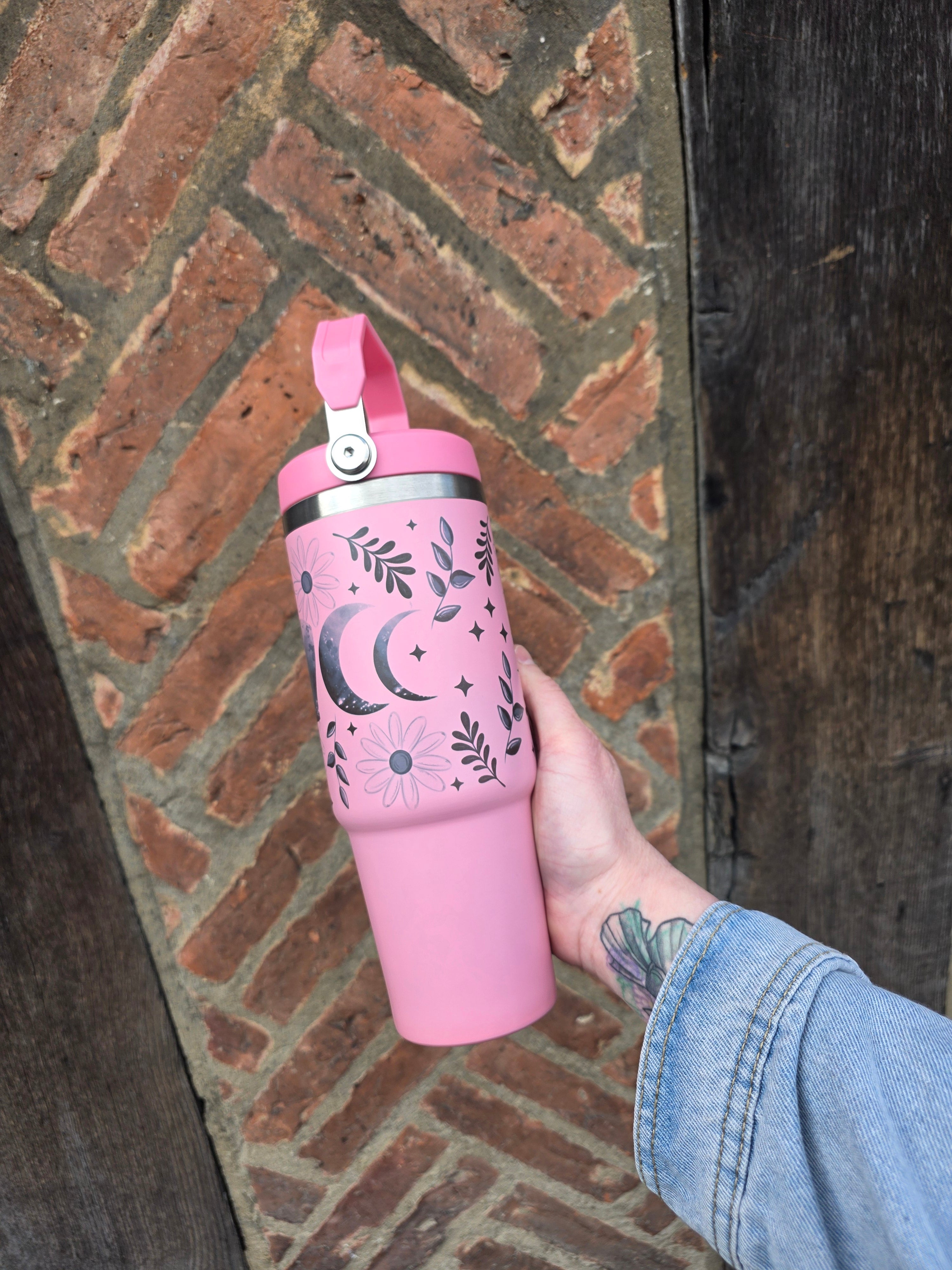 Pink Moon Phase 30oz Flip Lid Double Wall Insulated Metal Tumbler