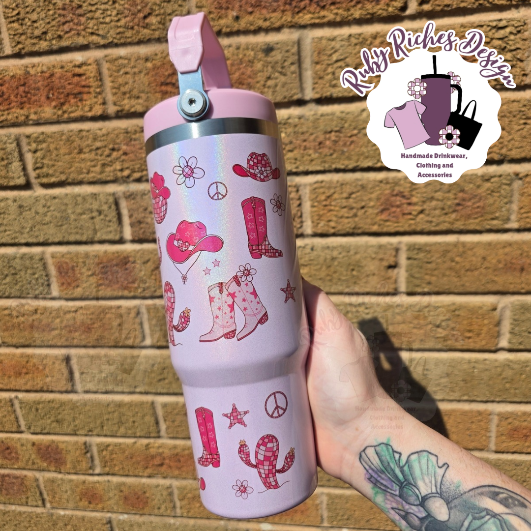 Pink Western Theme 30oz Flip Lid Leakproof Tumbler With Double Wall Insulation And Flip Lid