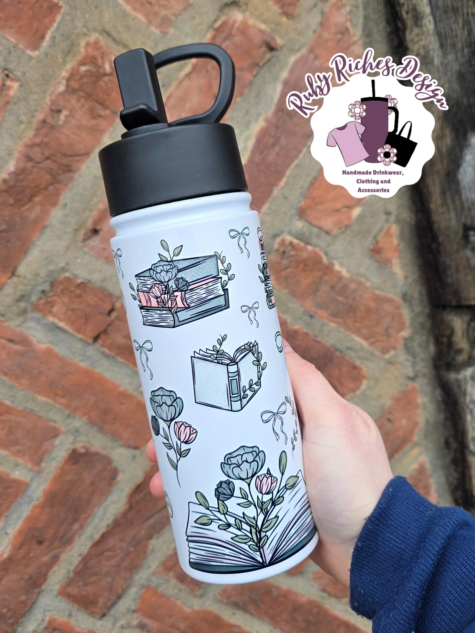 Floral Books And Bows 20oz Flip Lid Double Wall Insulated Metal Tumbler