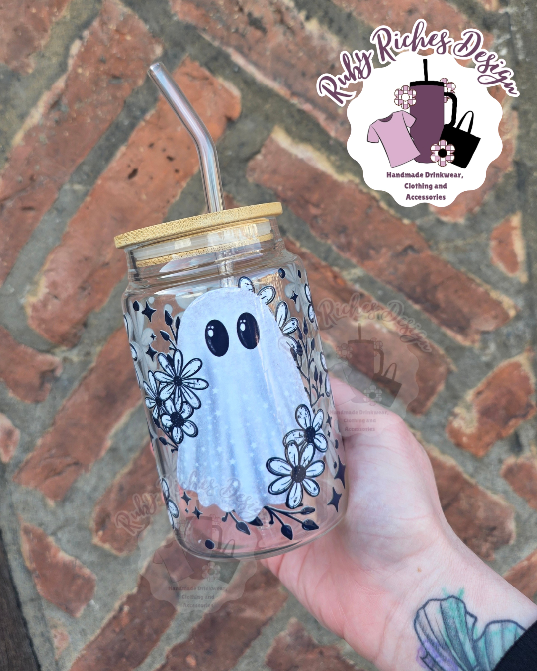 Mono Floral Ghostie 16oz Glass Tumbler