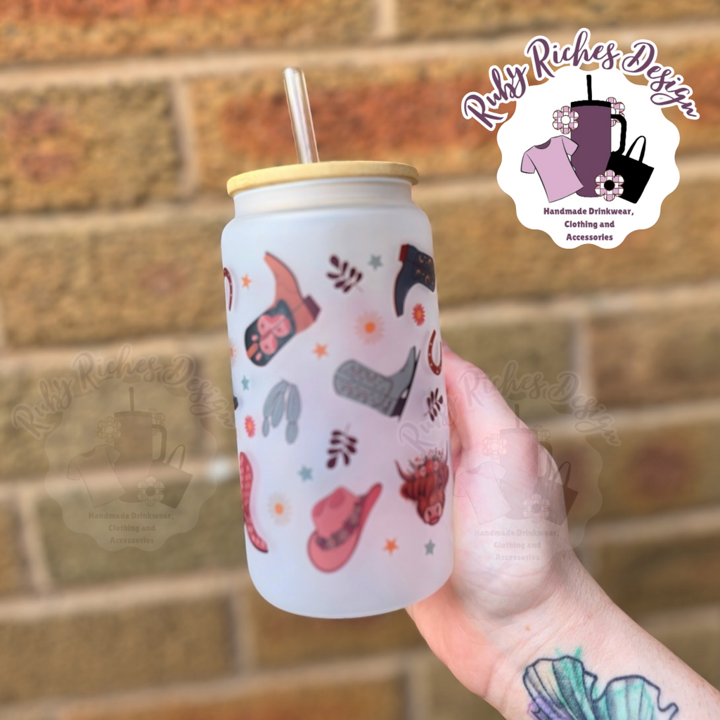 Floral Cow Western theme 16oz Glass Tumbler