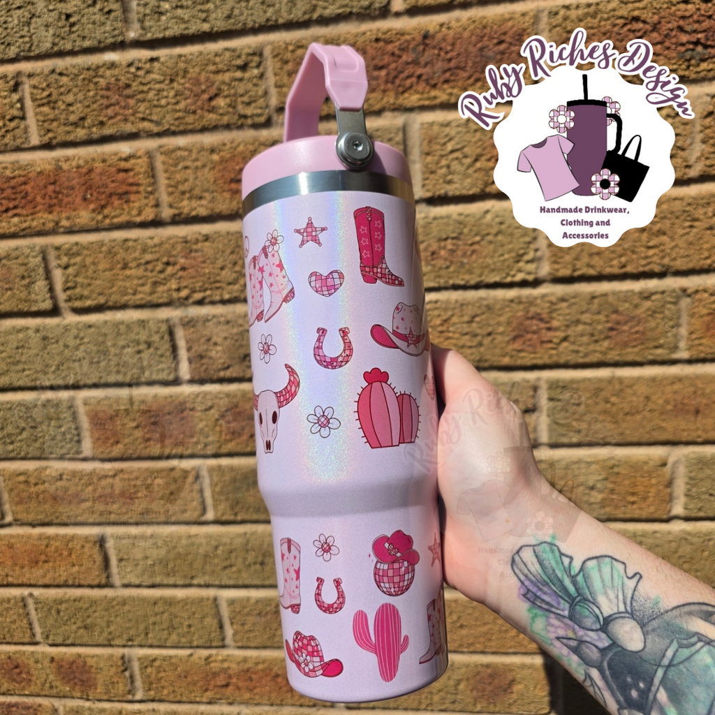 Pink Western Theme 30oz Flip Lid Leakproof Tumbler With Double Wall Insulation And Flip Lid