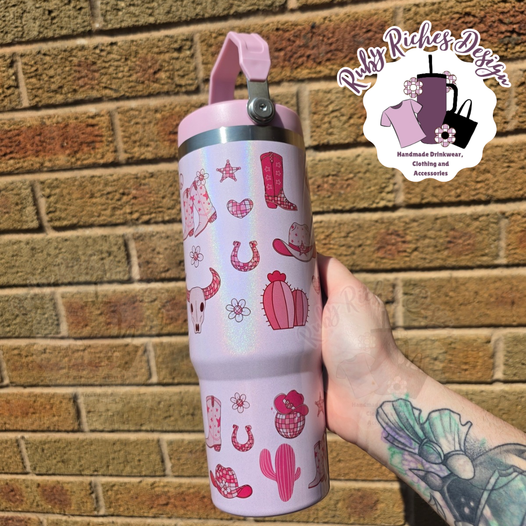 Pink Western Theme 30oz Flip Lid Leakproof Tumbler With Double Wall Insulation And Flip Lid