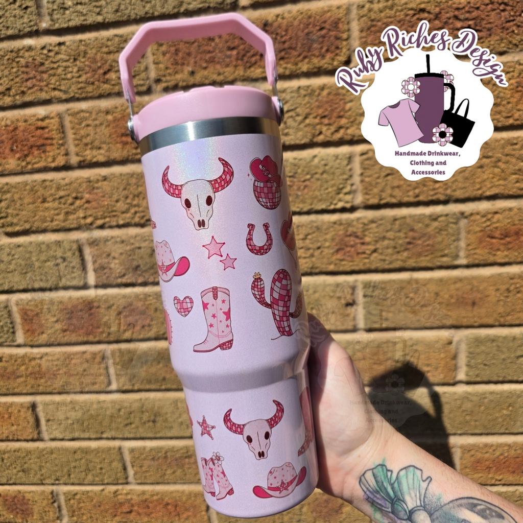 Pink Western Theme 30oz Flip Lid Leakproof Tumbler With Double Wall Insulation And Flip Lid