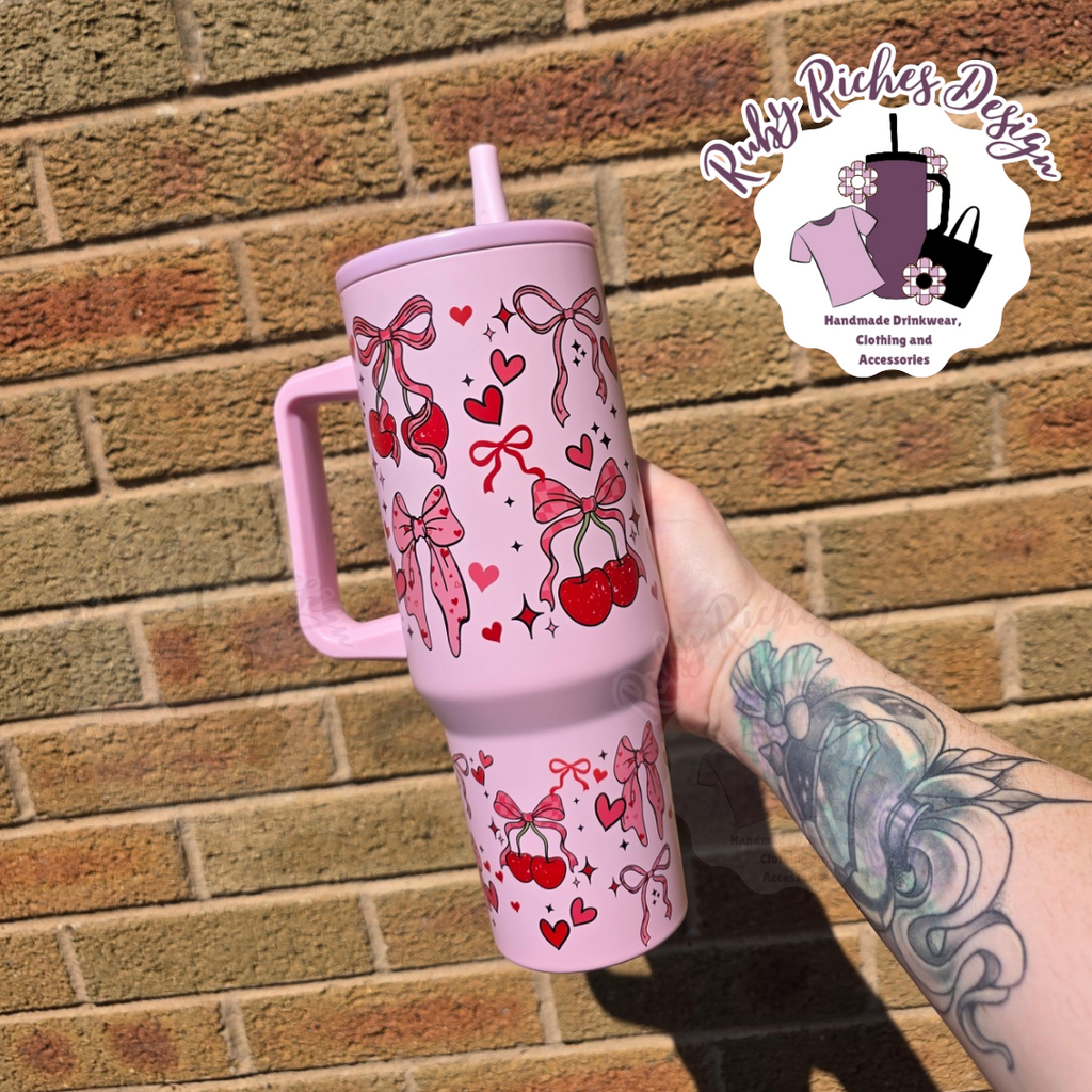 Cherry Theme 40oz Flip Lid Metal Tumbler with double wall insulation