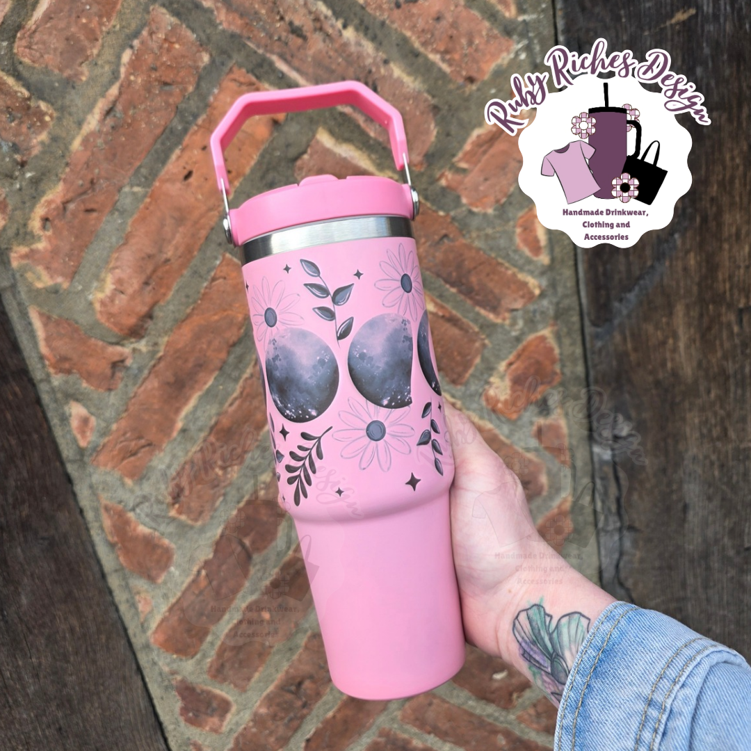 Pink Moon Phase 30oz Flip Lid Double Wall Insulated Metal Tumbler