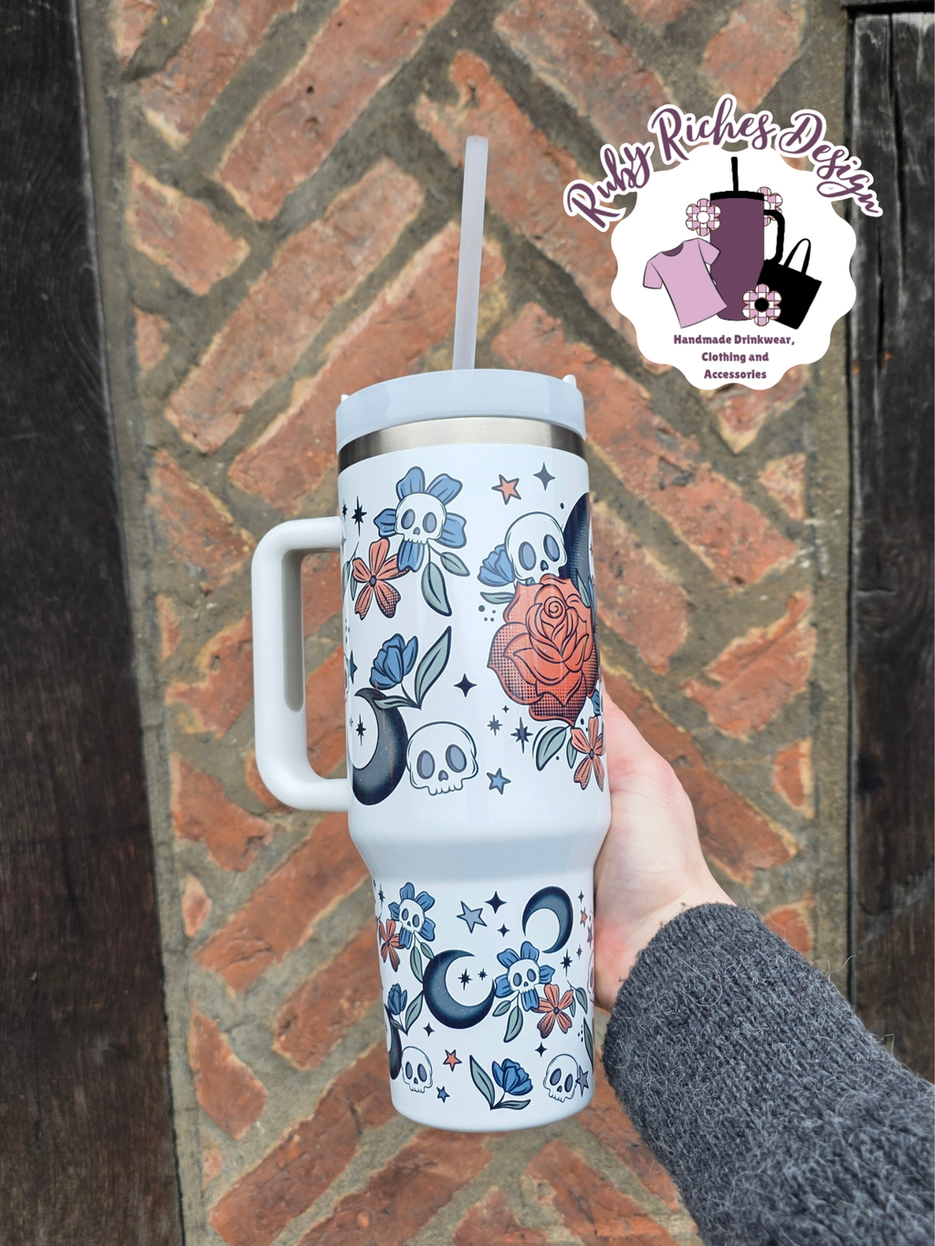 Floral Moon Theme 40oz Double Wall Insulated Metal Tumbler