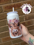 Floral Crown Pink Highland cow 16oz Double Wall Insulated Metal Tumbler