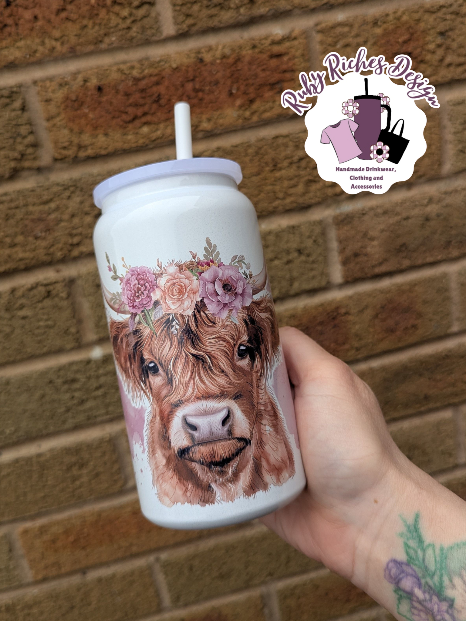 Floral Crown Pink Highland cow 16oz Double Wall Insulated Metal Tumbler