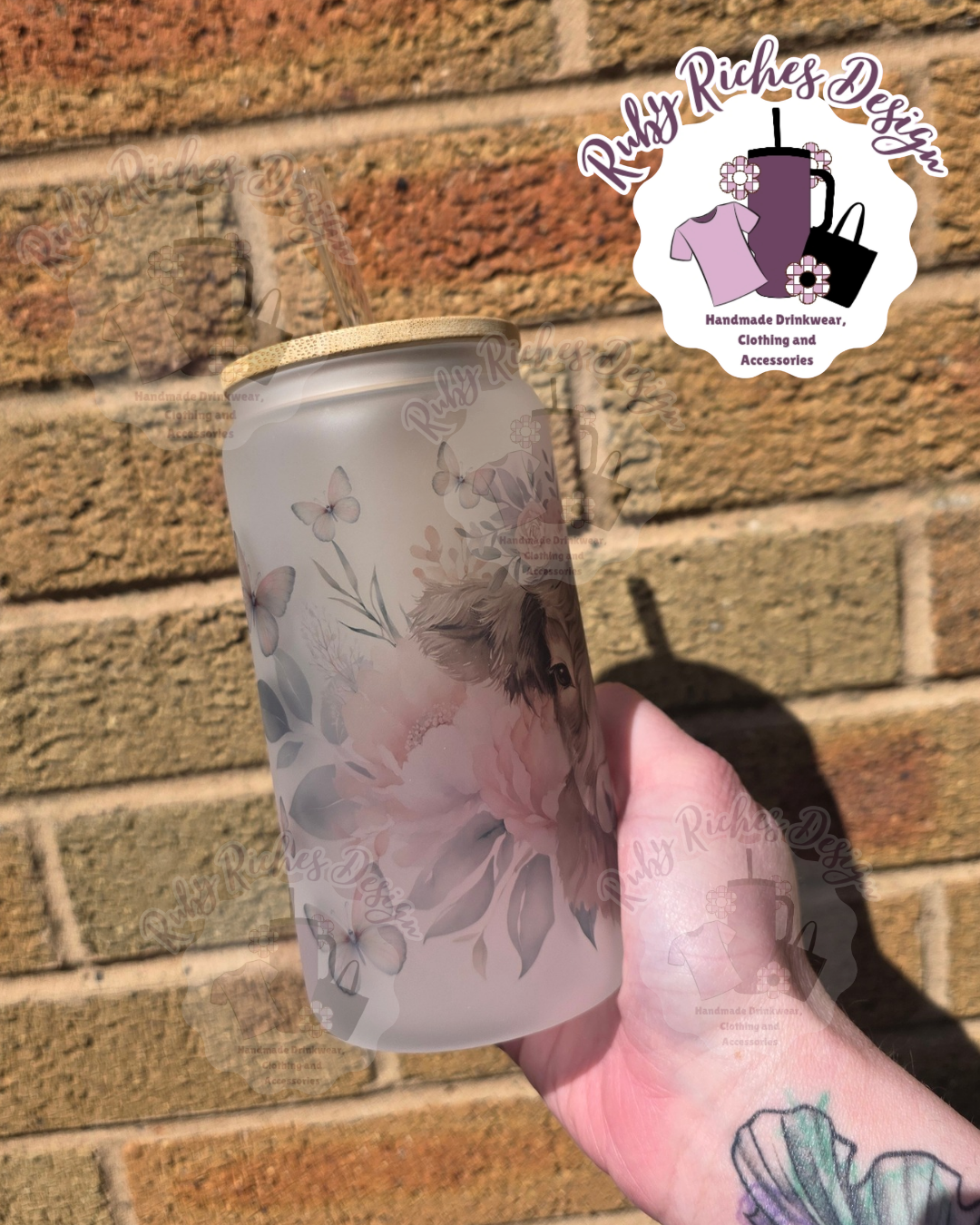 Highland Cow Butterfly Frosted Glass Tumbler