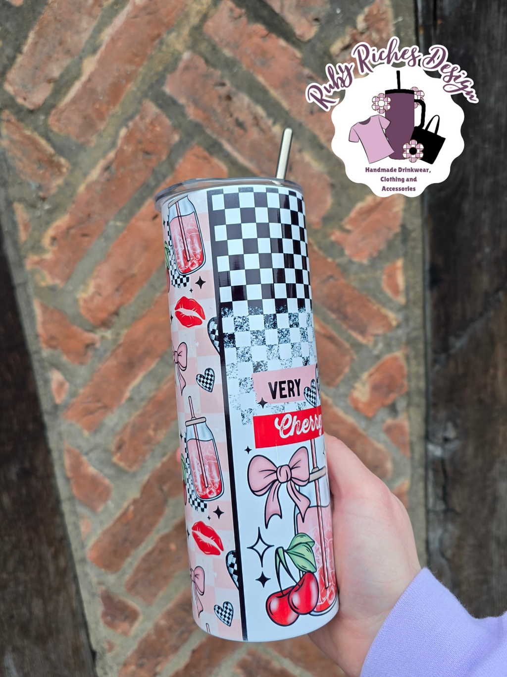 Very Cherry Checkered 20oz Double Wall Insulated Metal Tumbler