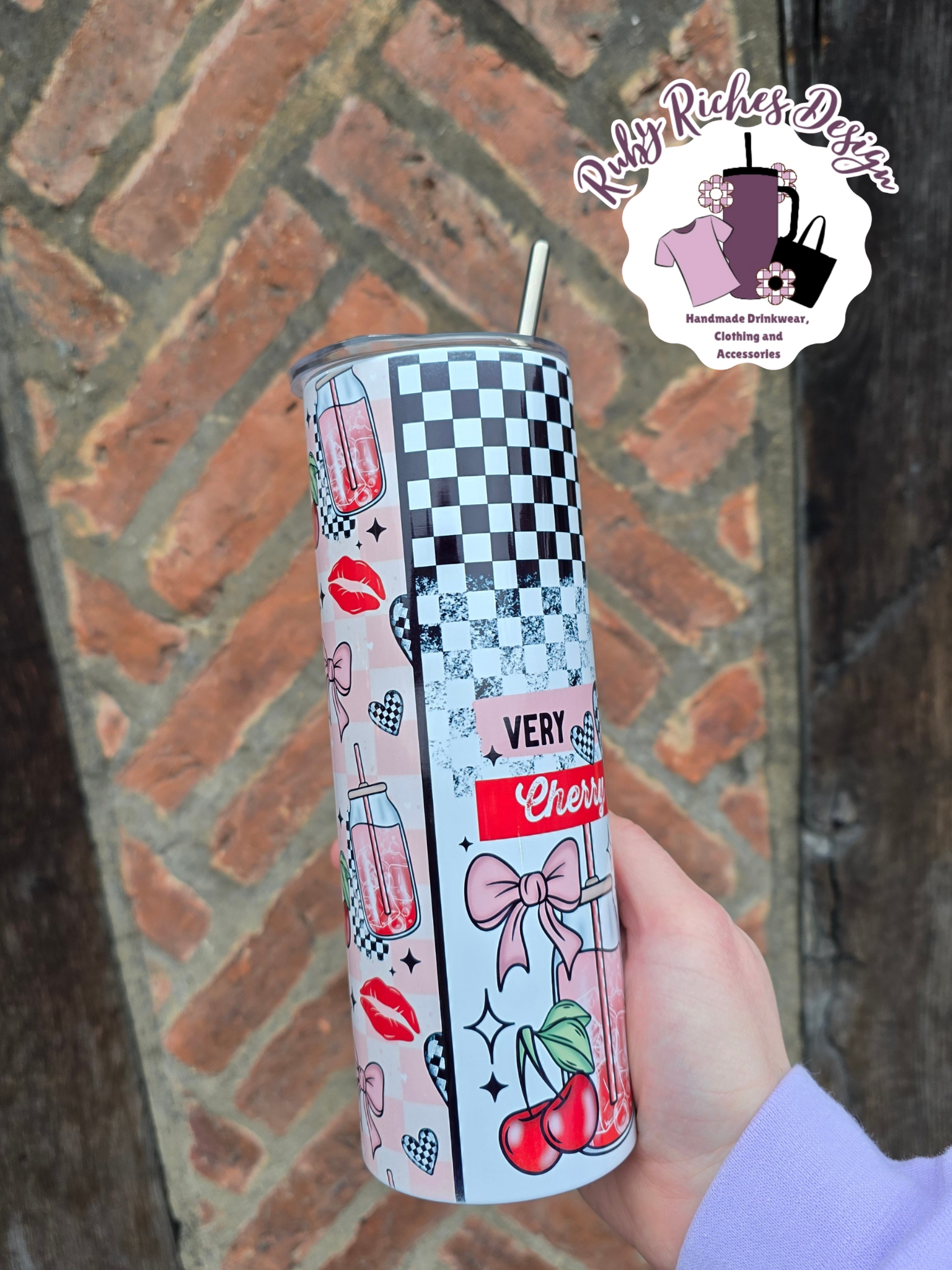 Very Cherry Checkered 20oz Double Wall Insulated Metal Tumbler