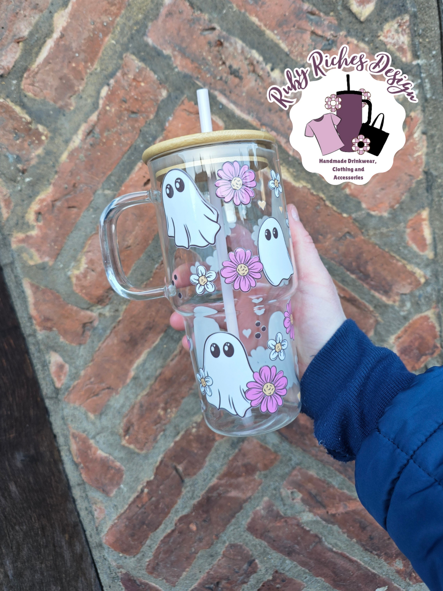 Floral Ghost 20oz Side Handle Glass Tumbler