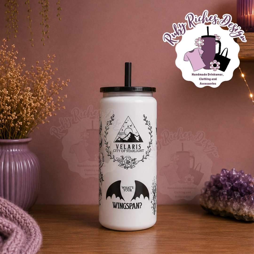 Valeris Theme 16oz skinny Double Wall Insulated Metal Tumbler with black lid and straw