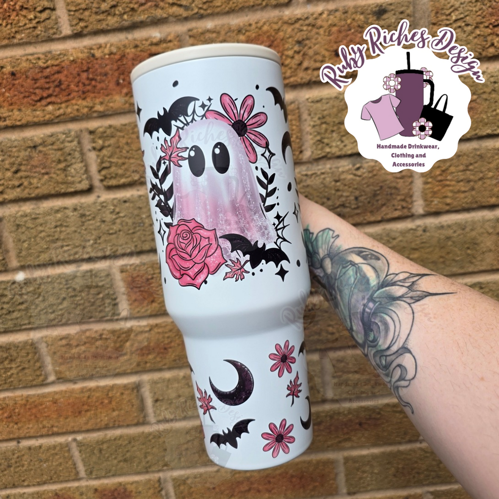Pink Floral Ghostie 40oz Flip Lid Double Wall Insulated Metal Tumbler