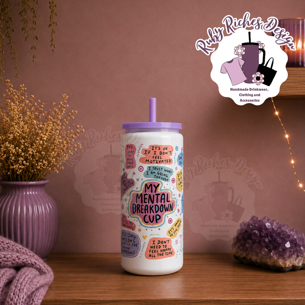 My mental breakdown 16oz Skinny Double Wall Insulated Metal Tumbler with purple lid and straw