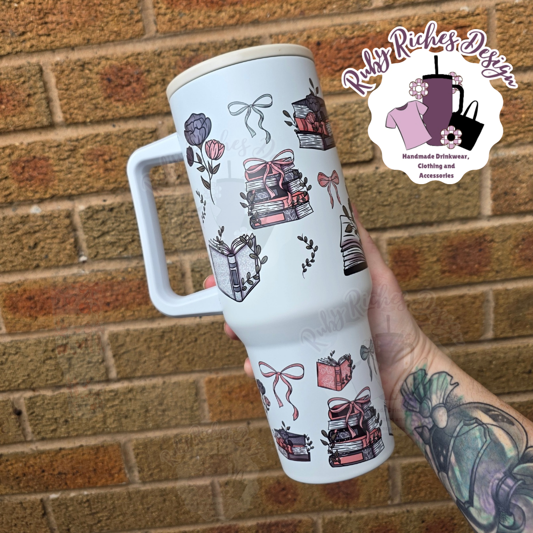 Books And Bows 40oz Double Wall Insulated Metal Tumbler with Flip Lid
