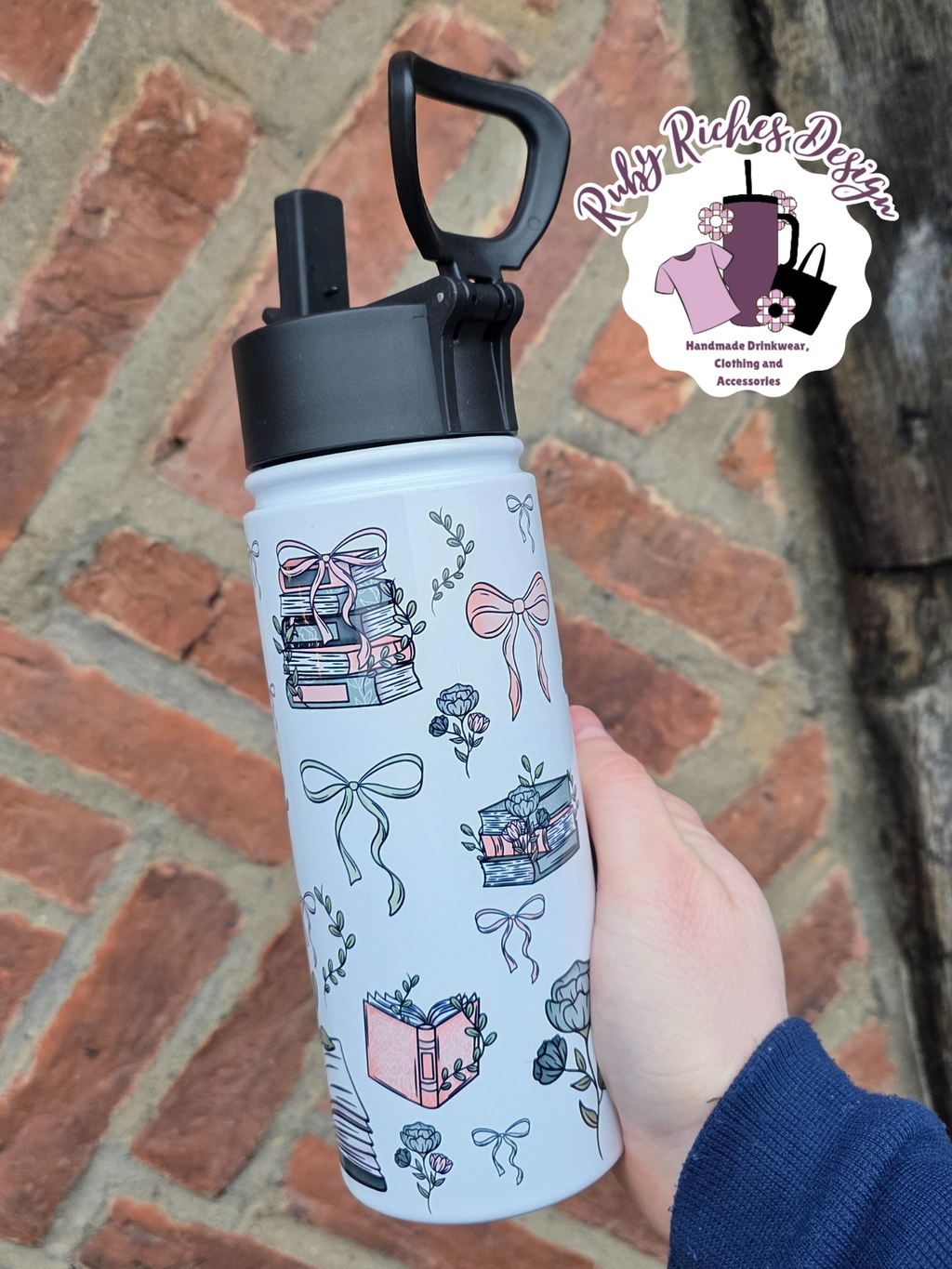 Floral Books And Bows 20oz Flip Lid Double Wall Insulated Metal Tumbler