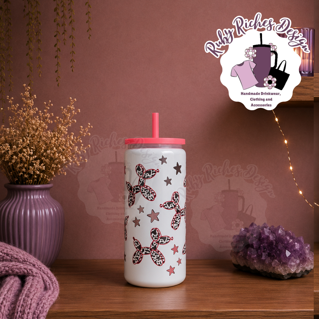 Baloon Dog Print 16oz Skinny Double wall insulated metal tumbler with hot pink and lid
