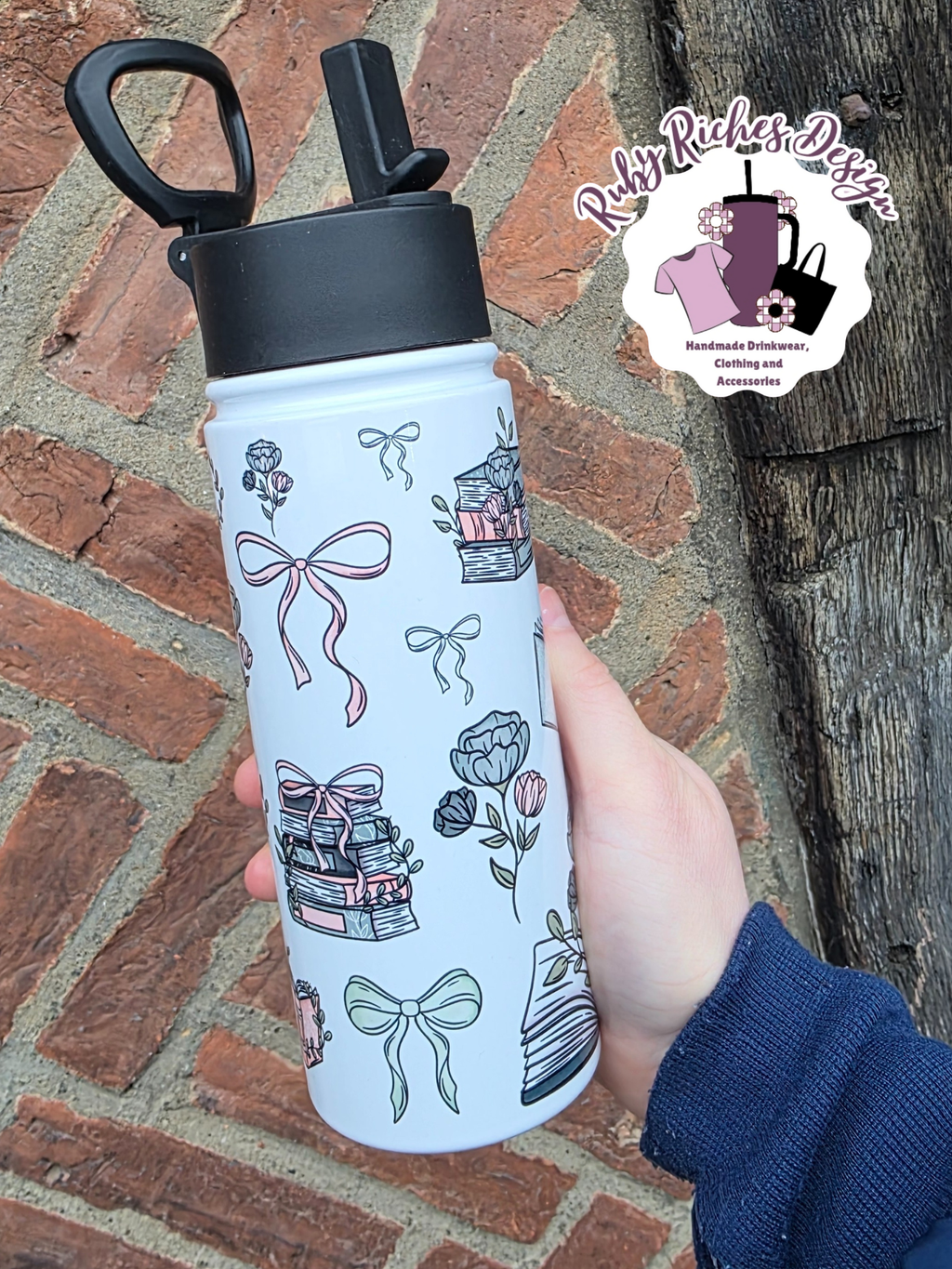 Floral Books And Bows 20oz Flip Lid Double Wall Insulated Metal Tumbler