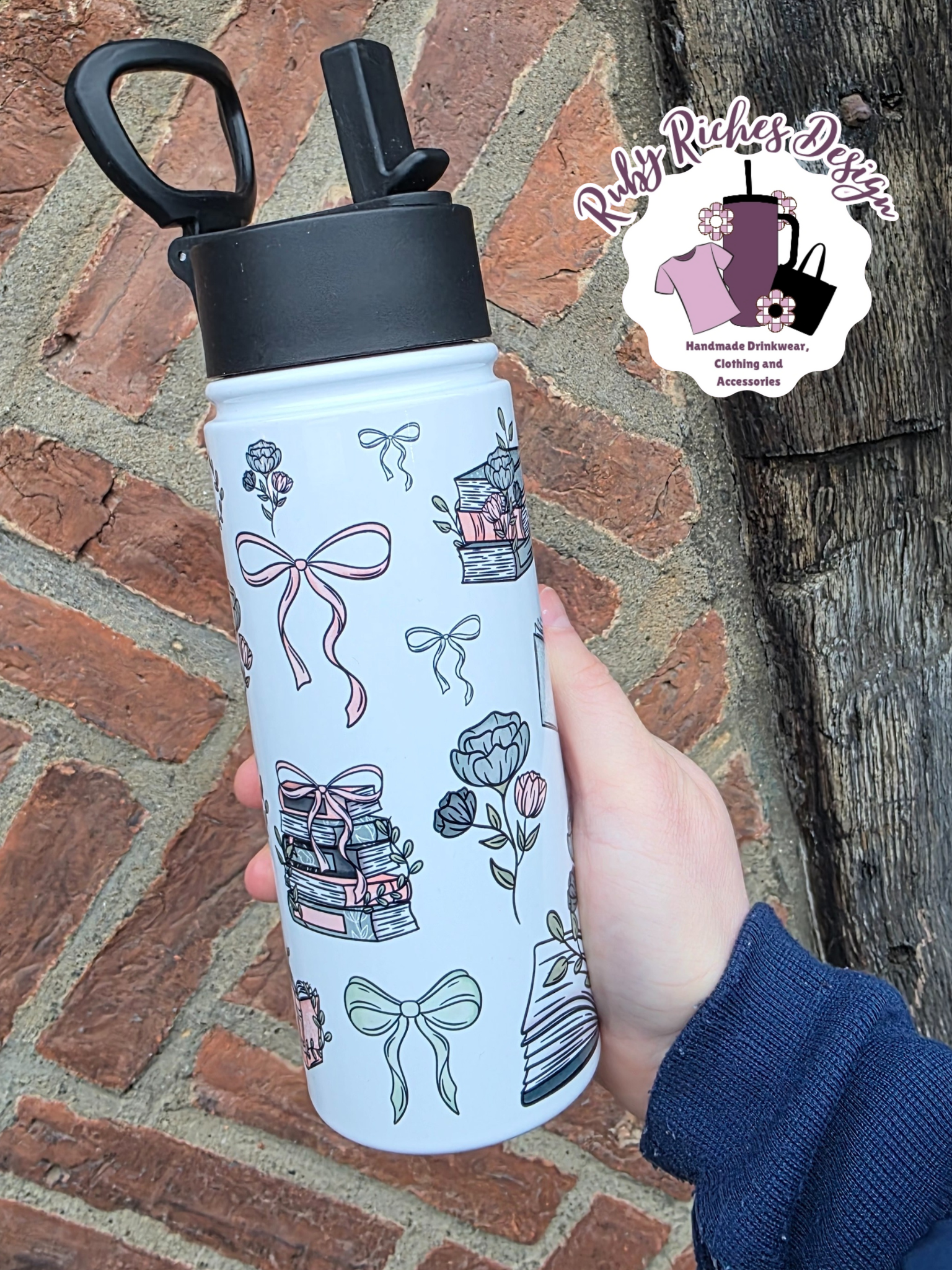 Floral Books And Bows 20oz Flip Lid Double Wall Insulated Metal Tumbler