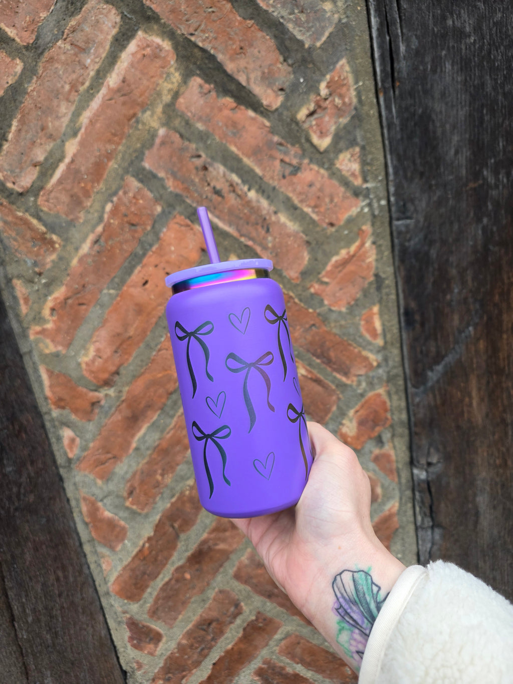 Purple Bows Theme Rainbow Plated Engraved 16oz Double Wall Insulated Metal Tumbler