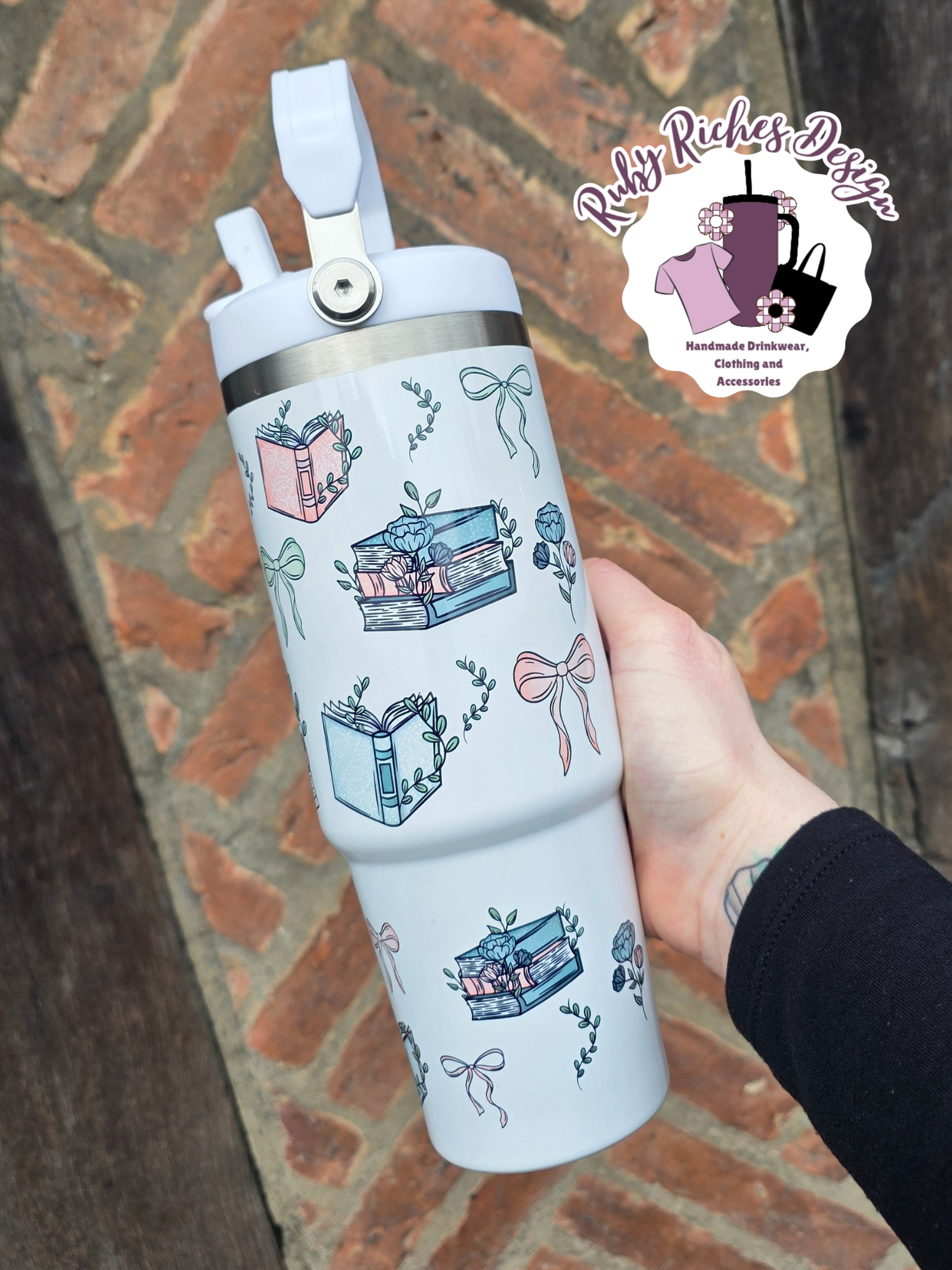 Books And Bows 30oz Flip Lid Double Wall Insulated Leakproof Tumbler