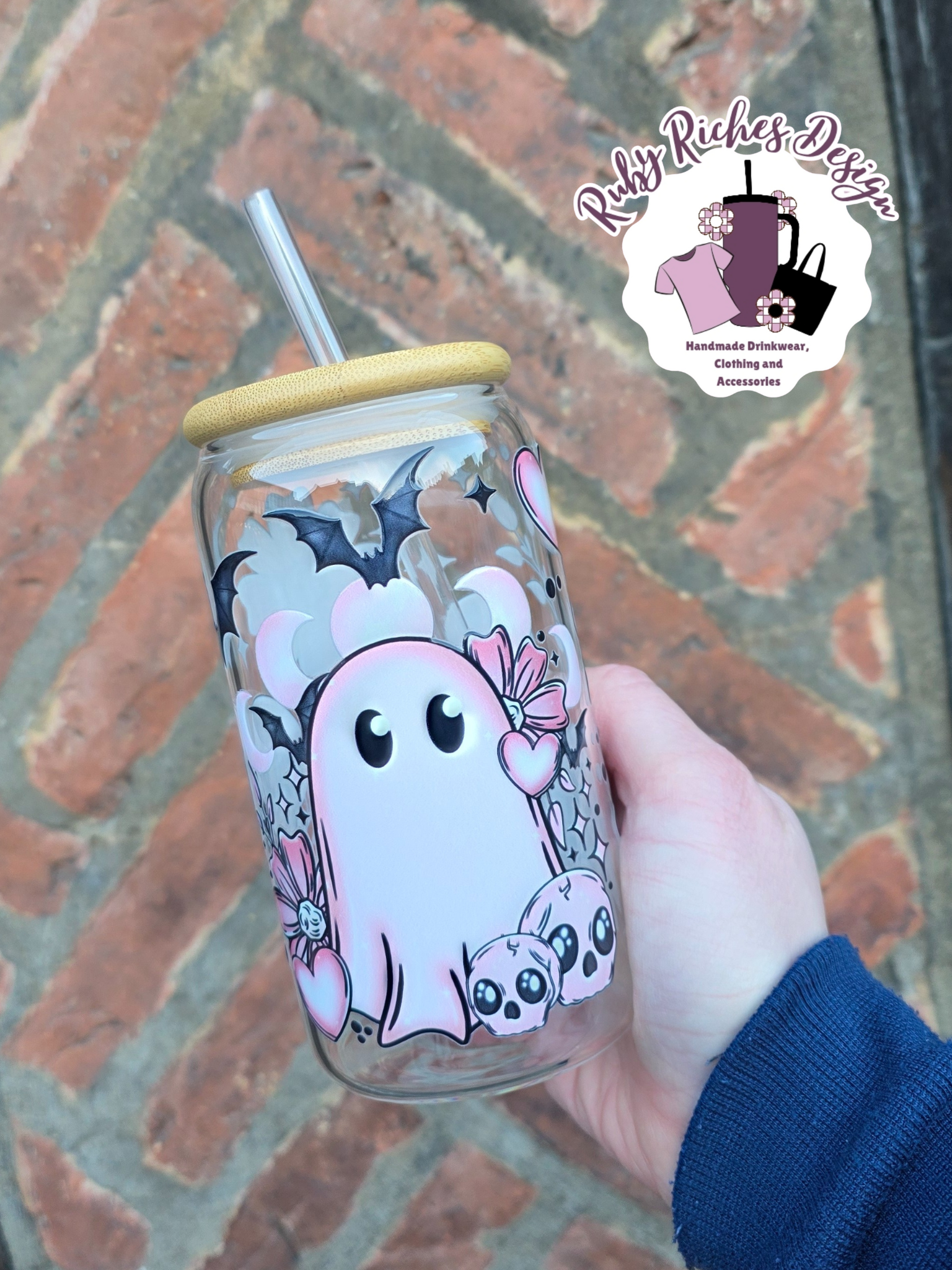 Pink Ghost Theme Glass Tumbler