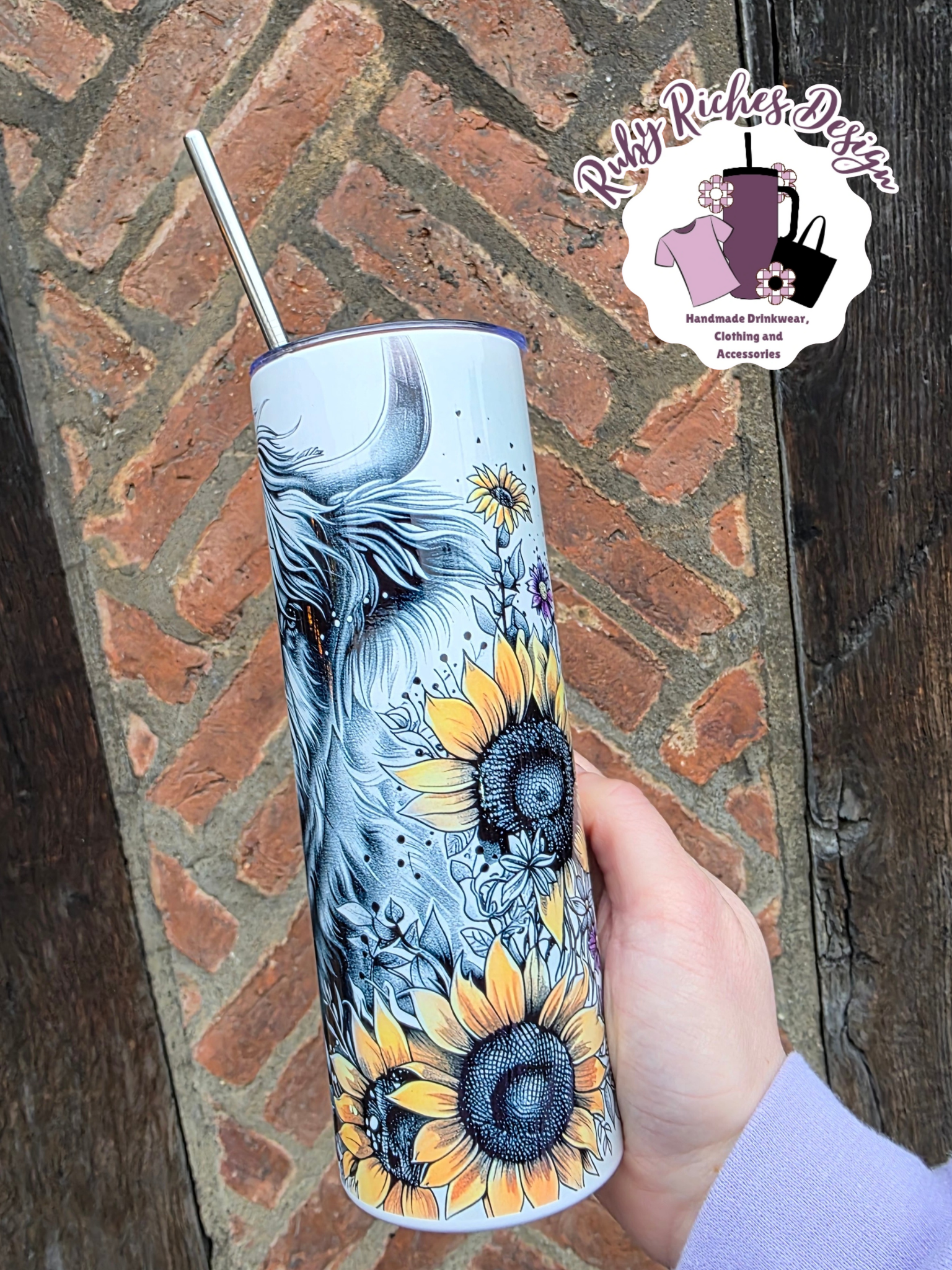 Highland Cow Sunflower Theme 20oz Double Wall Metal Tumbler