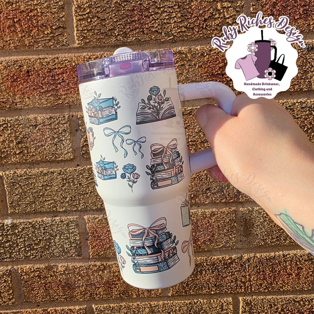 Books And Bows Mini Stlyle 14oz Flip Lid Metal Tumbler with double wall insulation and Leakproof flip lid