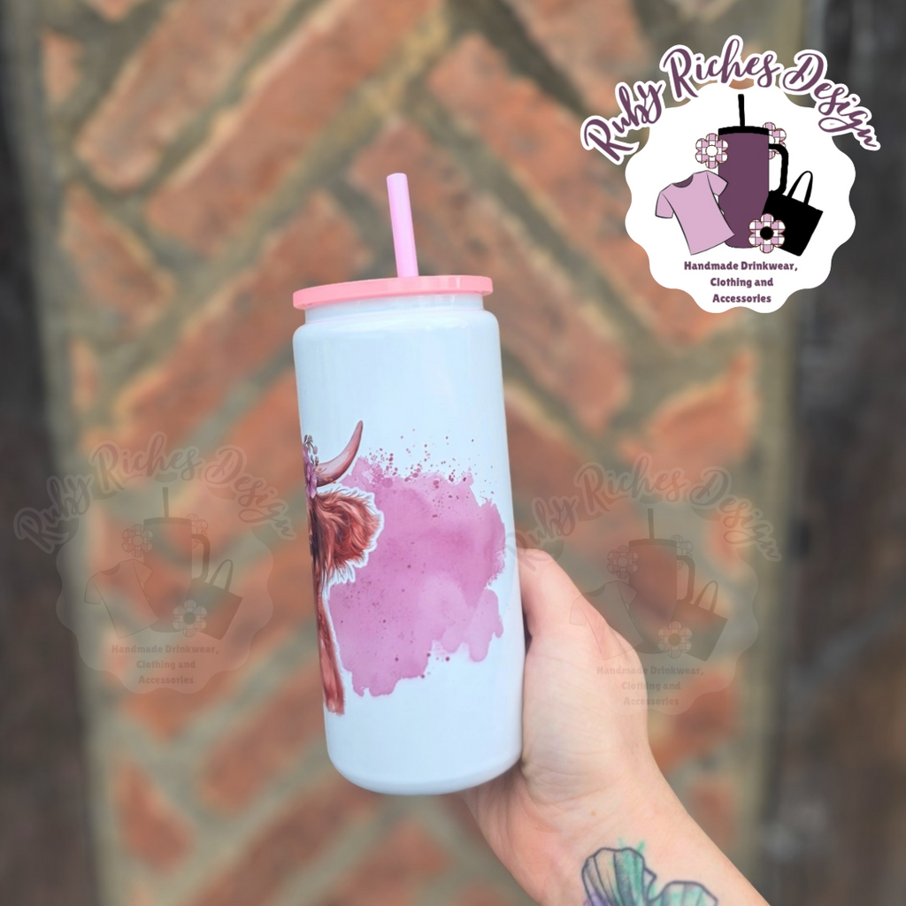 Highland Cow 16oz Skinny Metal Tumbler with Double Wall Insulation, Pink lid and straw