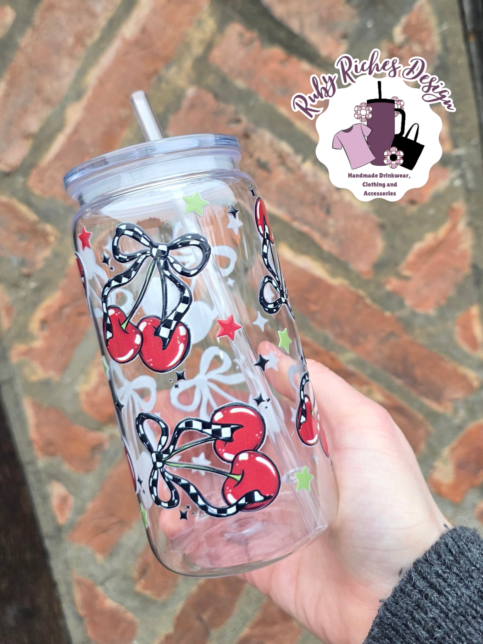 Checkered Cherries Plastic Tumbler