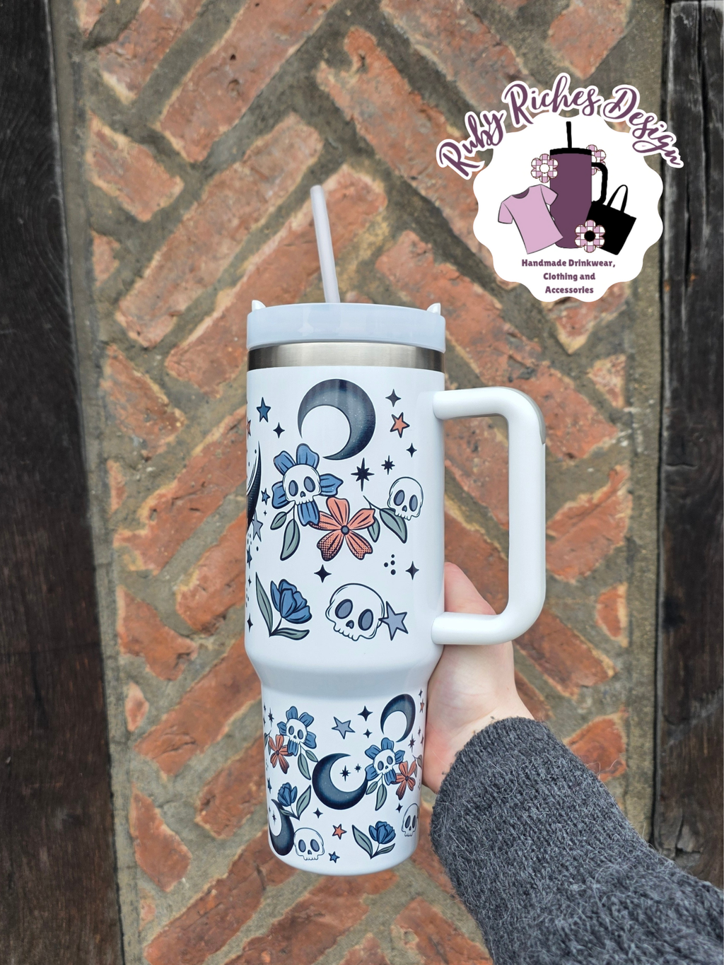 Floral Moon Theme 40oz Double Wall Insulated Metal Tumbler