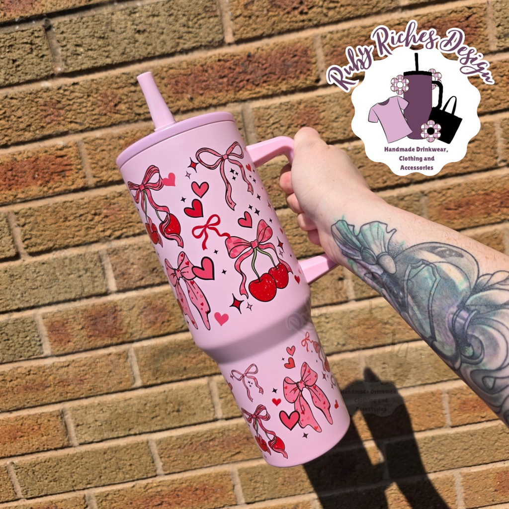Cherry Theme 40oz Flip Lid Metal Tumbler with double wall insulation