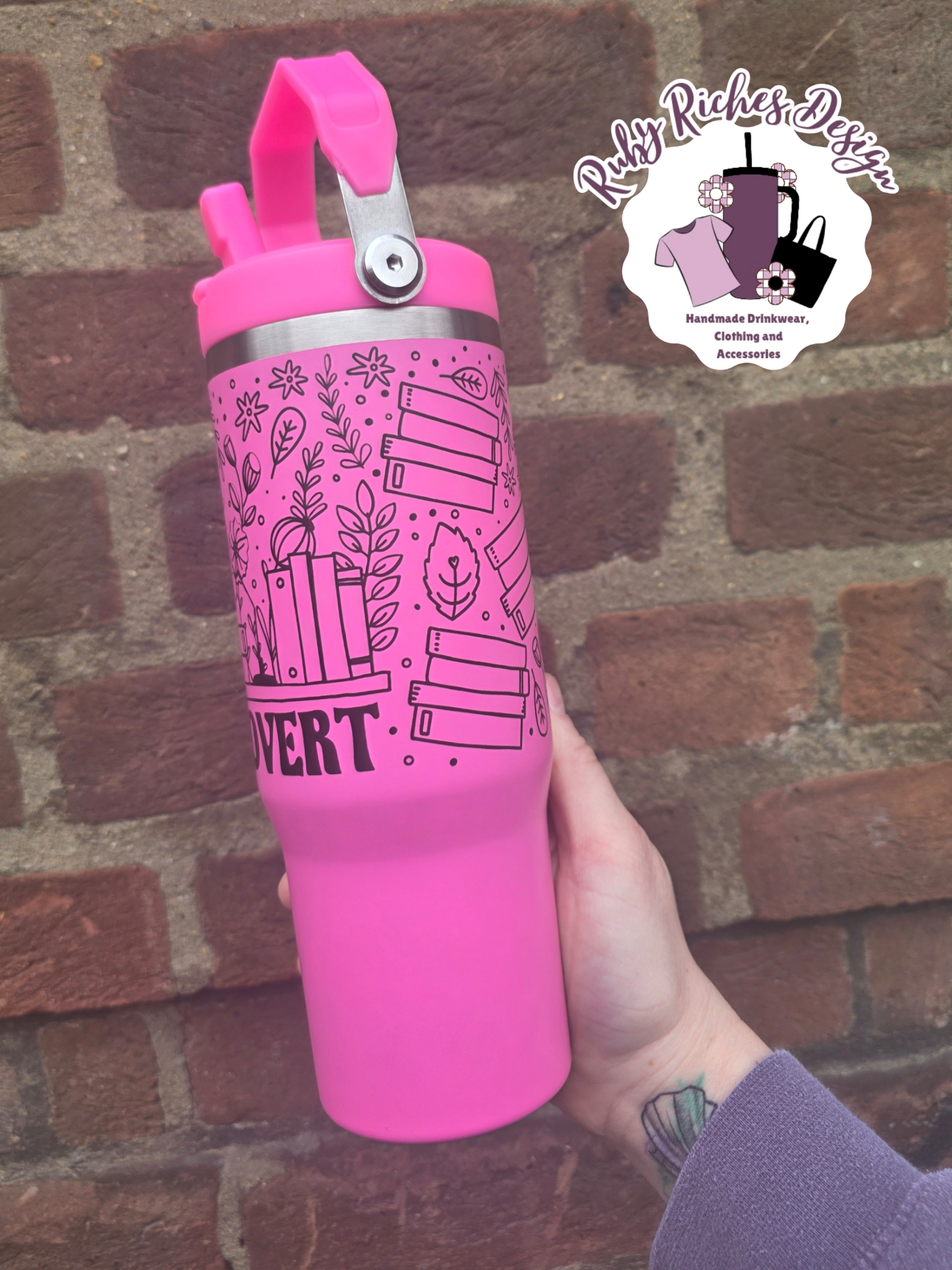 Booktrovert 30oz Leakproof Flip Lid Metal Tumbler With Carry Handle