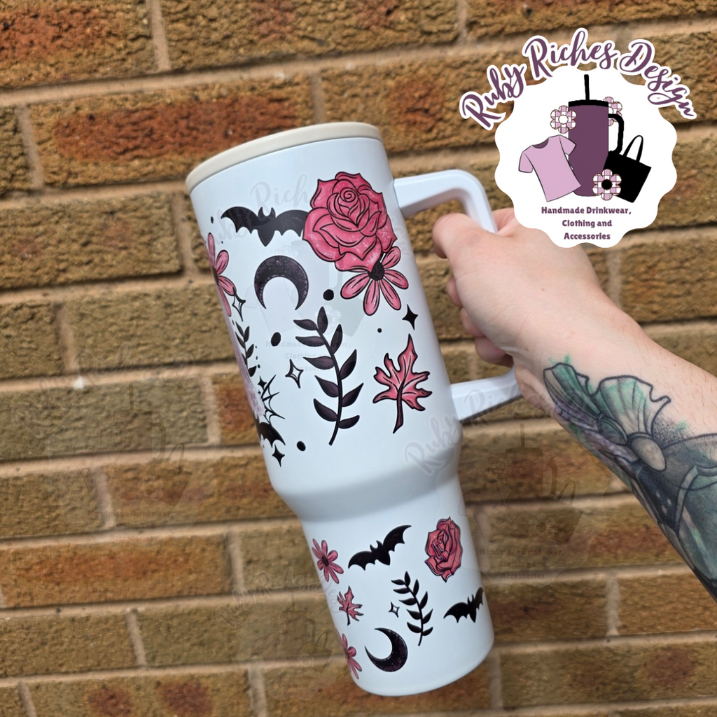 Pink Floral Ghostie 40oz Flip Lid Double Wall Insulated Metal Tumbler