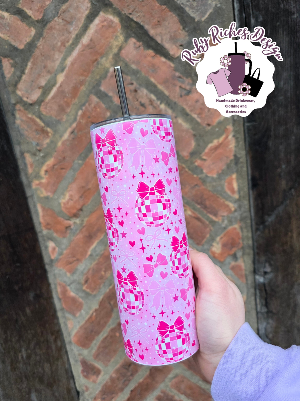 Pink Bow Disco Ball 20oz Double Wall Insulated Metal Tumbler