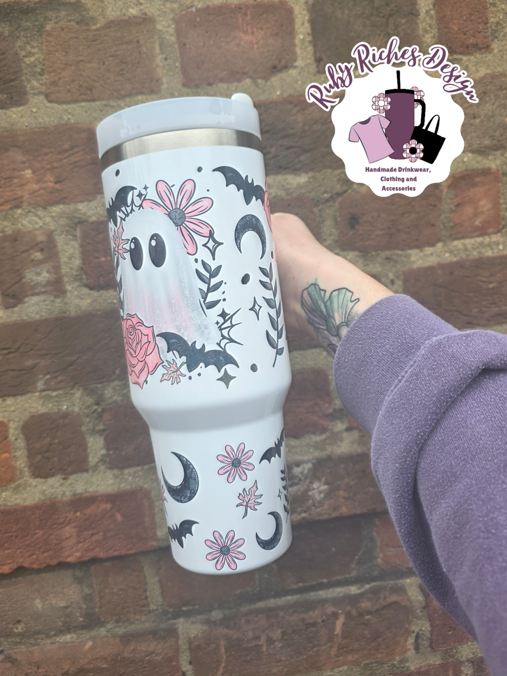 Pink Floral Ghost 40oz Double Wall Insulated Metal Tumbler
