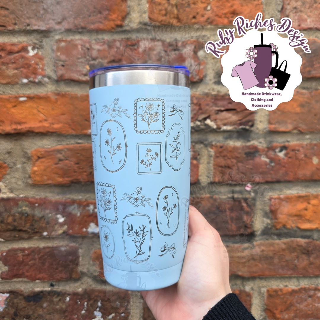 Blue Engraved Floral Frames 20oz Metal Tumbler